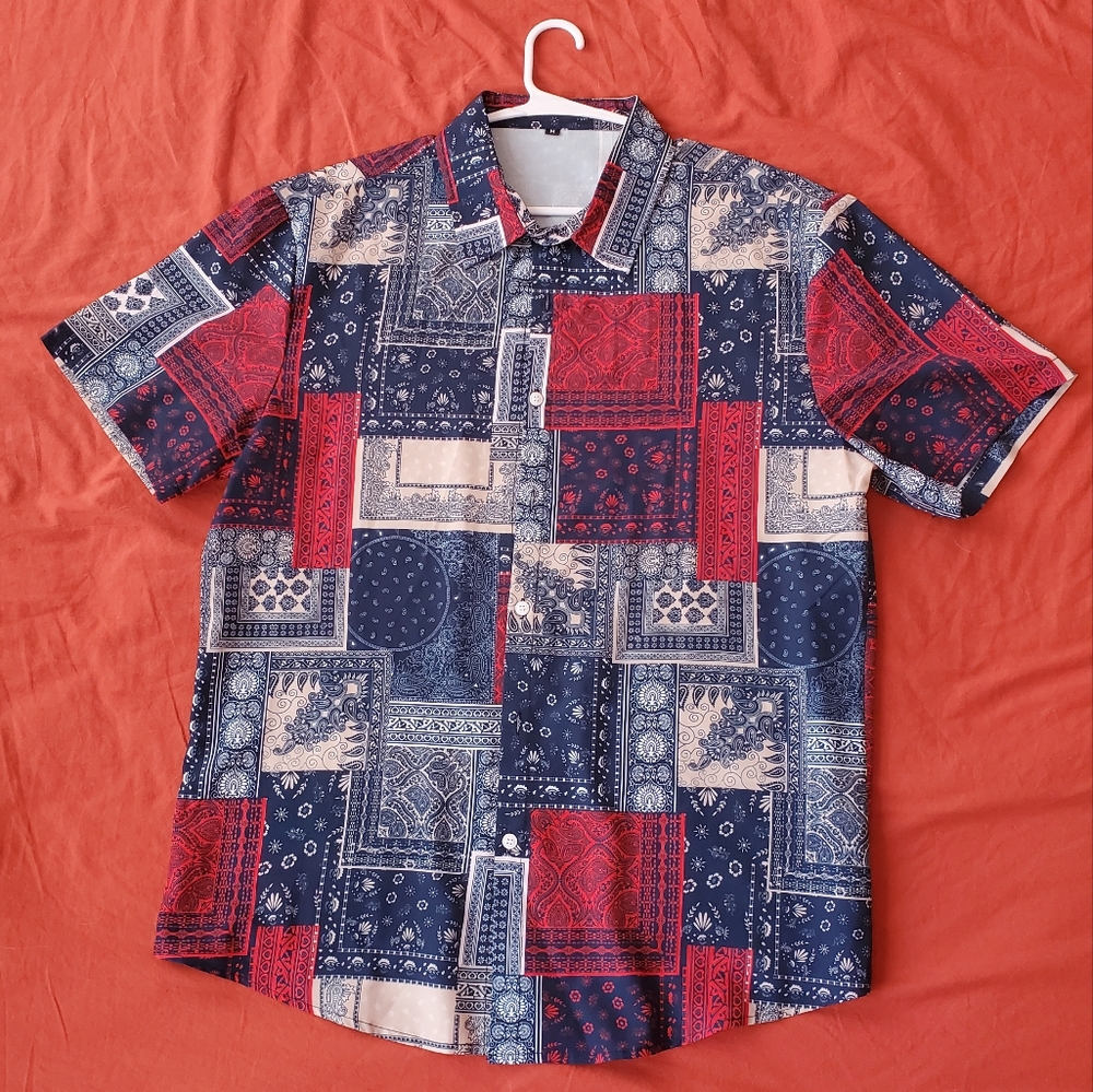 Men's Patchwork Casual Button Down Shirt - Red and Blue